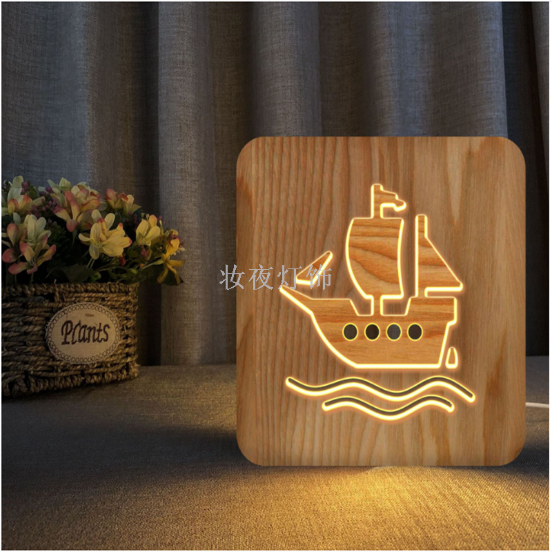 Cross-border new aircraft wood crafts solid wood carving creative 3D bedroom lights