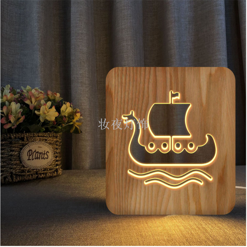 Cross-border new aircraft wood crafts solid wood carving creative 3D bedroom lights