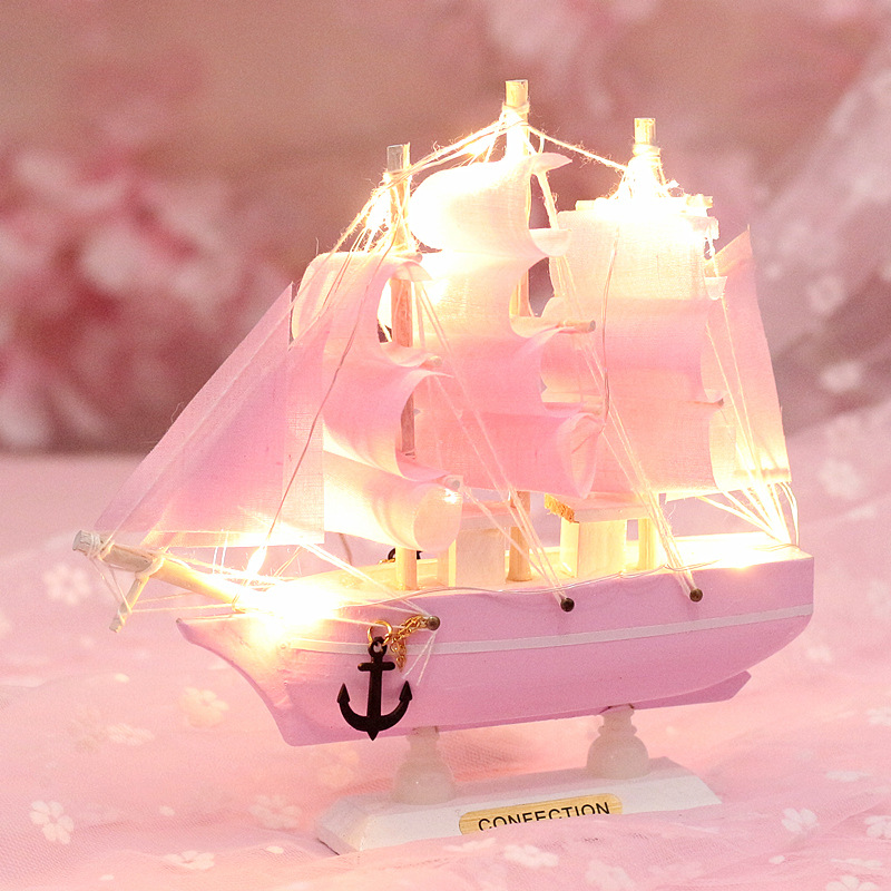 Pink Girl Heart with Lighting Chain Sailing Wooden Ship Model Living Room Partition Wood crafts
