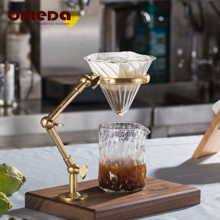 TriFold Coffee Pourover Mount Pure Copper Filter Cup Holder Square Drip Filter Bracket Solid Wood Base Adjustable Height