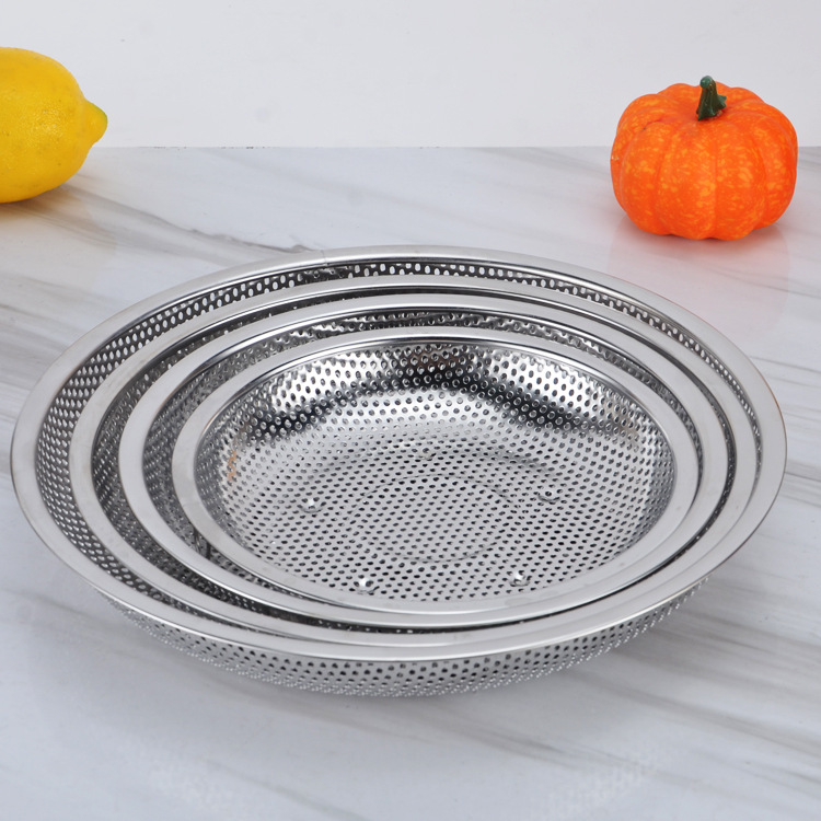 Non-Magnetic Stainless Steel Drain Plate Multi-Functional Fruit Plate Kitchen Drain Dish round Oil Filter Plate Dense Hole Steamed Stuffed Bun Plate