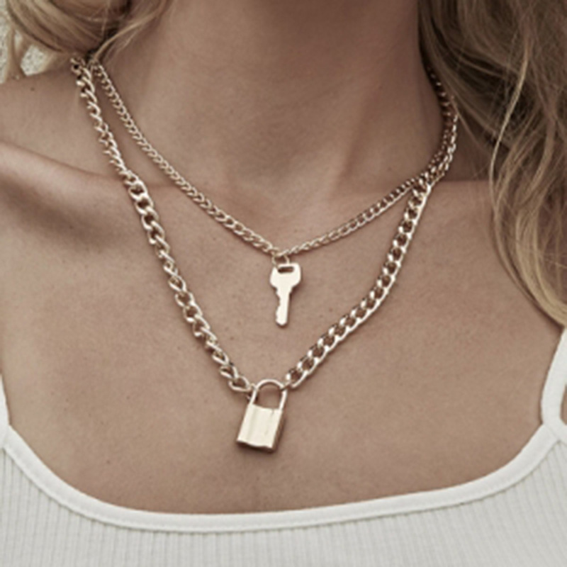Europe and America Cross Border Creative Fashion Geometry Pattern Elements All-Matching Retro Key Lock Pendant Necklace Factory Wholesale