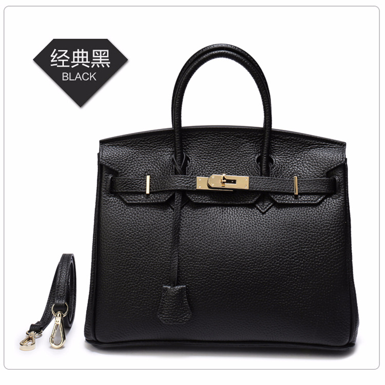Litchi Pattern Birkin Bag First Layer Cowhide Portable Shoulder Bag Lock Women&#039;s Leather Bags Factory Wholesale