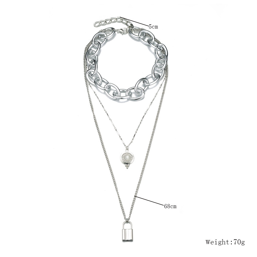 European and American New Accessories Necklace Exaggerated Hip Hop Style Necklace Diamond Lock Pendant Multi-Layer Female Necklace Foreign Trade Wholesale