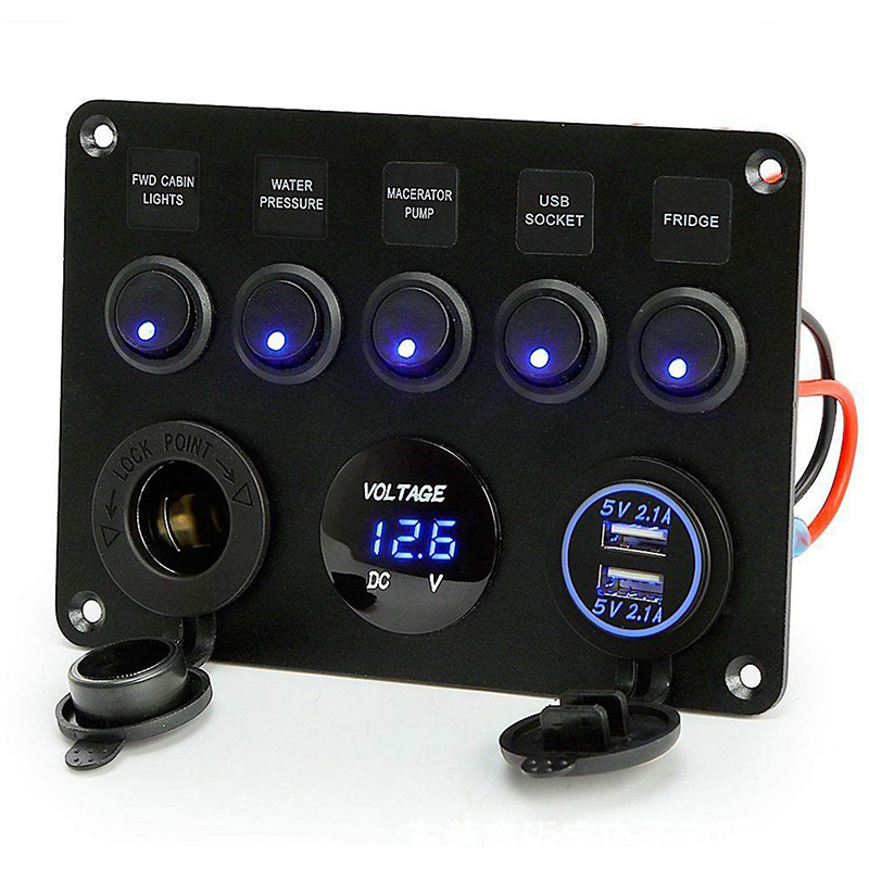 New 5Bit Cat Eye Switch Combination Panel with Safety Box Protection Voltmeter Power Socket Dual USB Car Charger