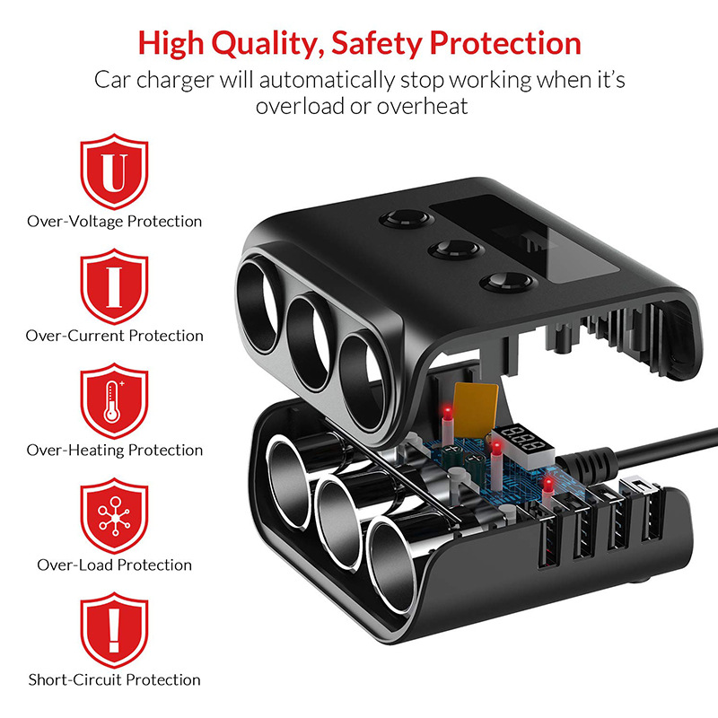 New TR12 Car Cigarette Lighter One Drag Three with Switch Voltage Display 4usb Car Cigarette Lighter Charging 100W