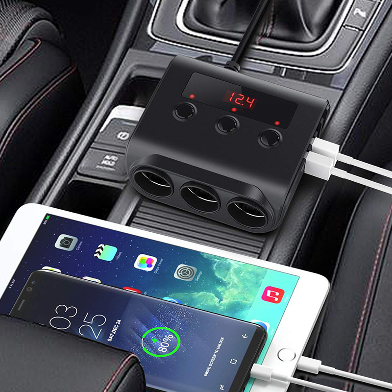 New TR12 Car Cigarette Lighter One Drag Three with Switch Voltage Display 4usb Car Cigarette Lighter Charging 100W