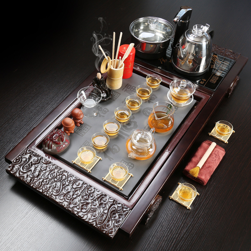  Solid Wood Tea Tray Tea Set Purple Sand Kung Fu Tea Set Ceramic Gifts Automatic Electrical Appliances Can Be Sent on