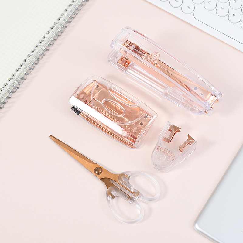 Cross-Border Direct Supply Transparent PS Rose Gold Stapler Puncher Nail Puller Frosted Colorful Scissors Office Supplies