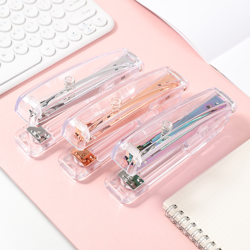 Cross-Border Direct Supply Transparent PS Rose Gold Stapler Puncher Nail Puller Frosted Colorful Scissors Office Supplies