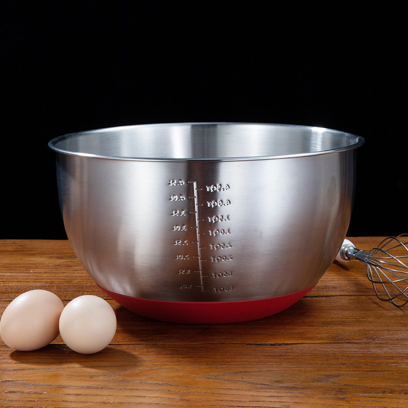 Steel Silicone Bottom Egg Pots with Handle Water Level Line Tilting Nozzle Mixing Bowl Silicone Salad Bowl Dough Basin