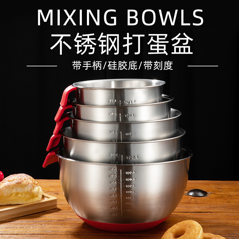 Steel Silicone Bottom Egg Pots with Handle Water Level Line Tilting Nozzle Mixing Bowl Silicone Salad Bowl Dough Basin