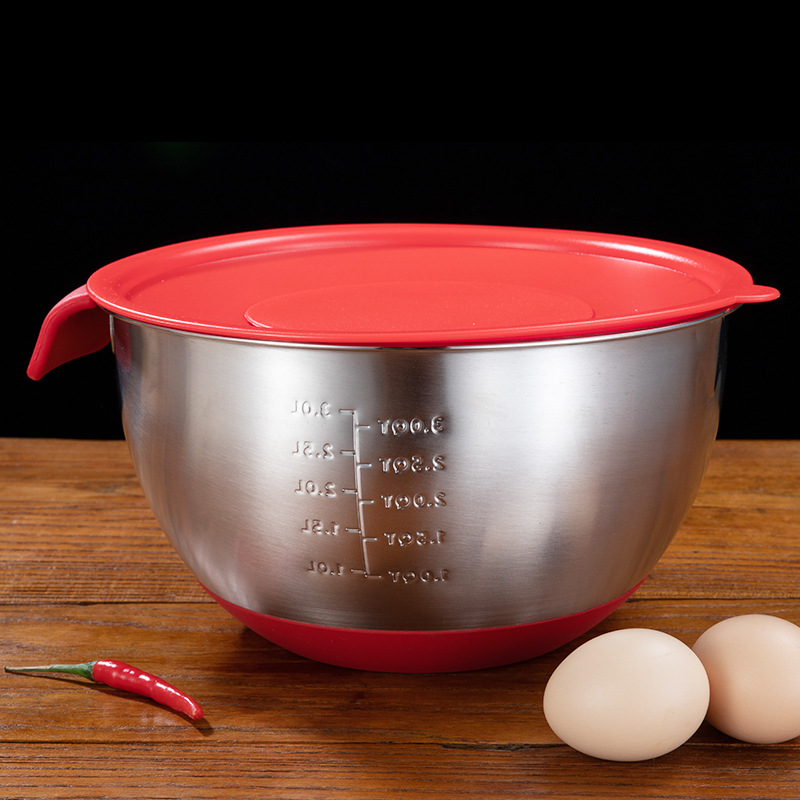 Steel Silicone Bottom Egg Pots with Handle Water Level Line Tilting Nozzle Mixing Bowl Silicone Salad Bowl Dough Basin