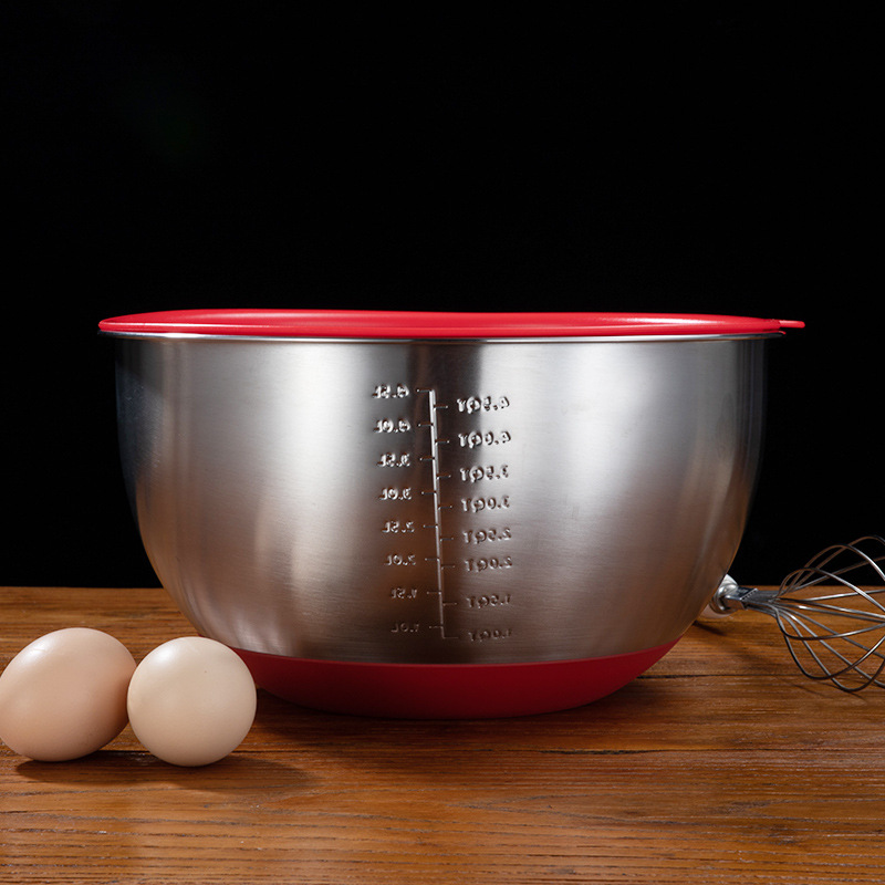 Steel Silicone Bottom Egg Pots with Handle Water Level Line Tilting Nozzle Mixing Bowl Silicone Salad Bowl Dough Basin