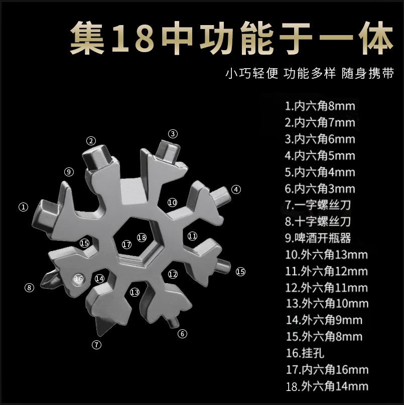 Multifunctional Snowflake Wrench EDC Socket Wrench Hexagon Octagonal Small Wrench Portable Universal Tool Card 18
