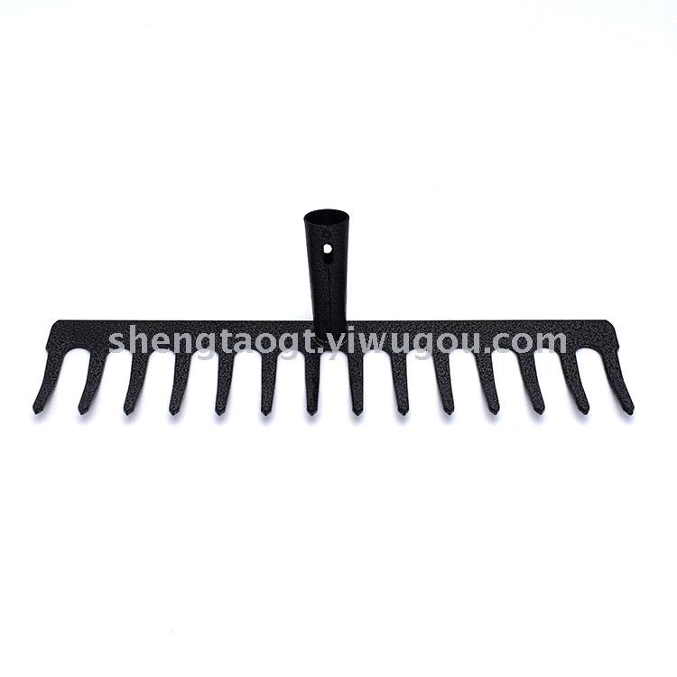 Silver flower with 14 teeth on black background, flat rake, multi-tooth garden rake, iron rake