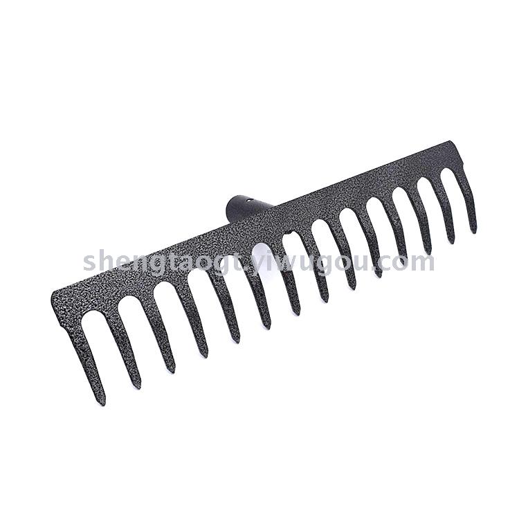 Silver flower with 14 teeth on black background, flat rake, multi-tooth garden rake, iron rake