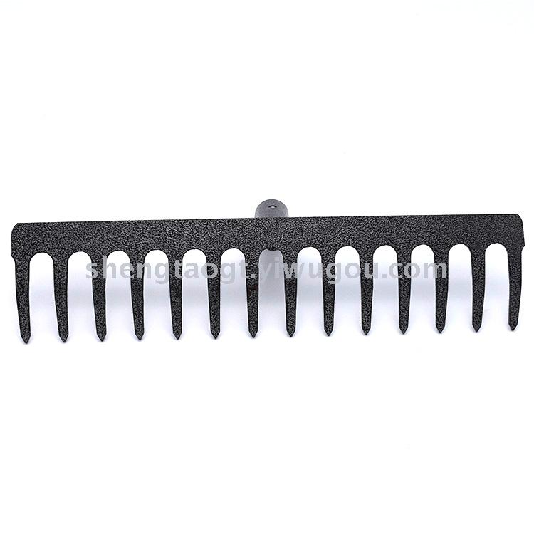 Silver flower with 14 teeth on black background, flat rake, multi-tooth garden rake, iron rake