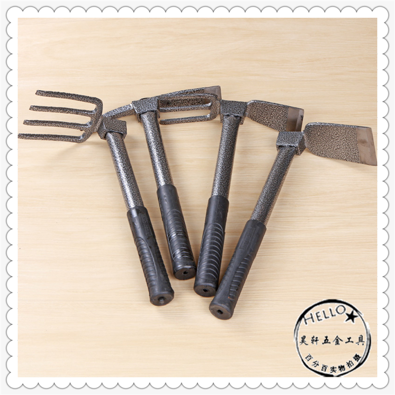 Outdoor horticultural steel-handle and small hoe iron rake garden tools.