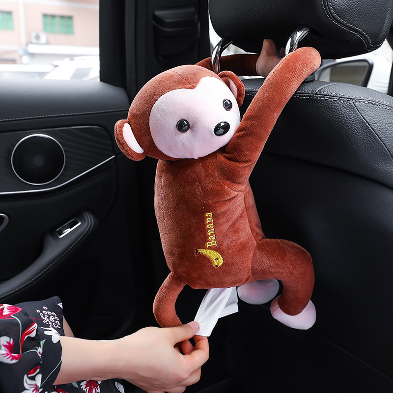 Leather Monkey Tissue Box Car Supplies Tissue Dispenser Hanging Car Chair Back Paper Extraction Box Cartoon Cute