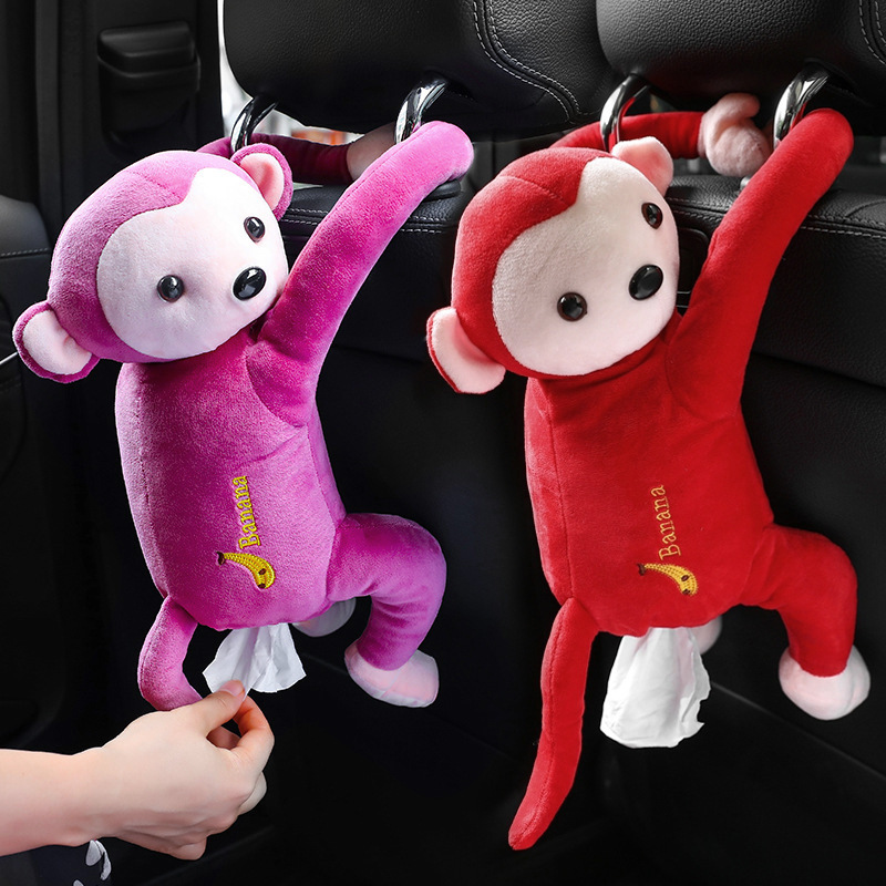 Leather Monkey Tissue Box Car Supplies Tissue Dispenser Hanging Car Chair Back Paper Extraction Box Cartoon Cute