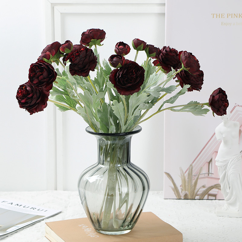 Artificial Flower Flocking 3 Heads Ranunculus Asiaticus Wedding Arch Layout Domestic Ornaments Flower Arrangement Thousand Zi Lu Lian Fake Flower