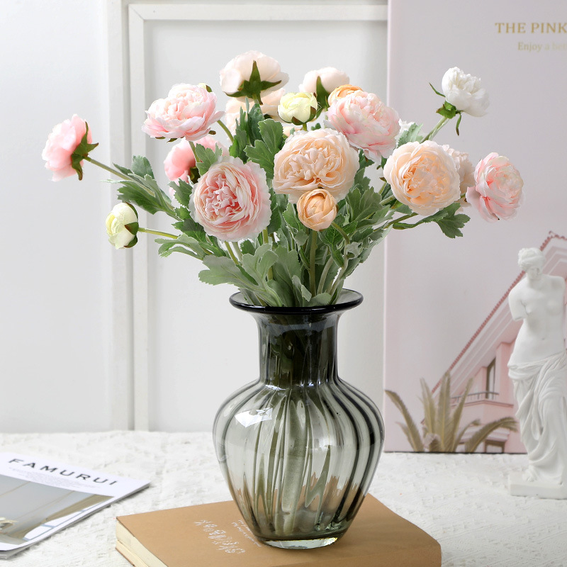 Artificial Flower Flocking 3 Heads Ranunculus Asiaticus Wedding Arch Layout Domestic Ornaments Flower Arrangement Thousand Zi Lu Lian Fake Flower