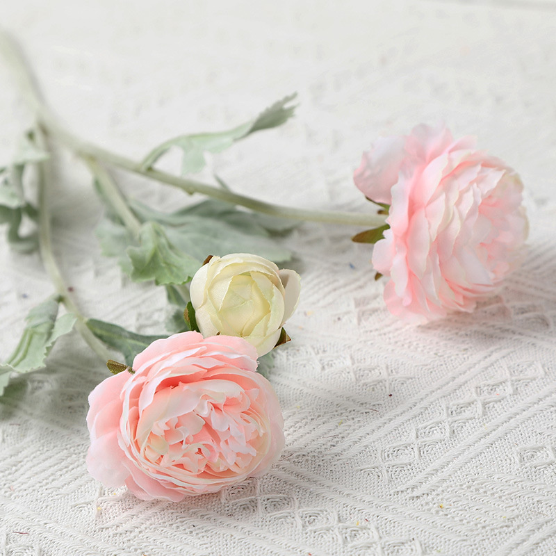 Artificial Flower Flocking 3 Heads Ranunculus Asiaticus Wedding Arch Layout Domestic Ornaments Flower Arrangement Thousand Zi Lu Lian Fake Flower