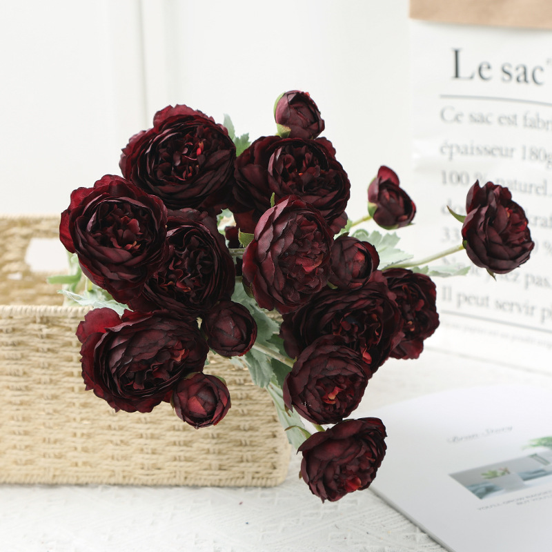 Artificial Flower Flocking 3 Heads Ranunculus Asiaticus Wedding Arch Layout Domestic Ornaments Flower Arrangement Thousand Zi Lu Lian Fake Flower