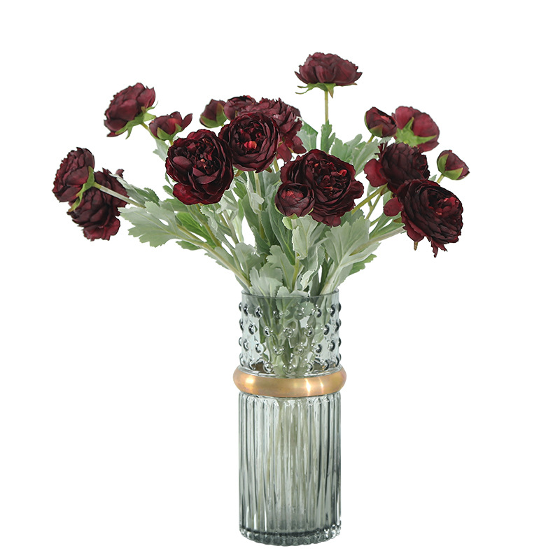 Artificial Flower Flocking 3 Heads Ranunculus Asiaticus Wedding Arch Layout Domestic Ornaments Flower Arrangement Thousand Zi Lu Lian Fake Flower