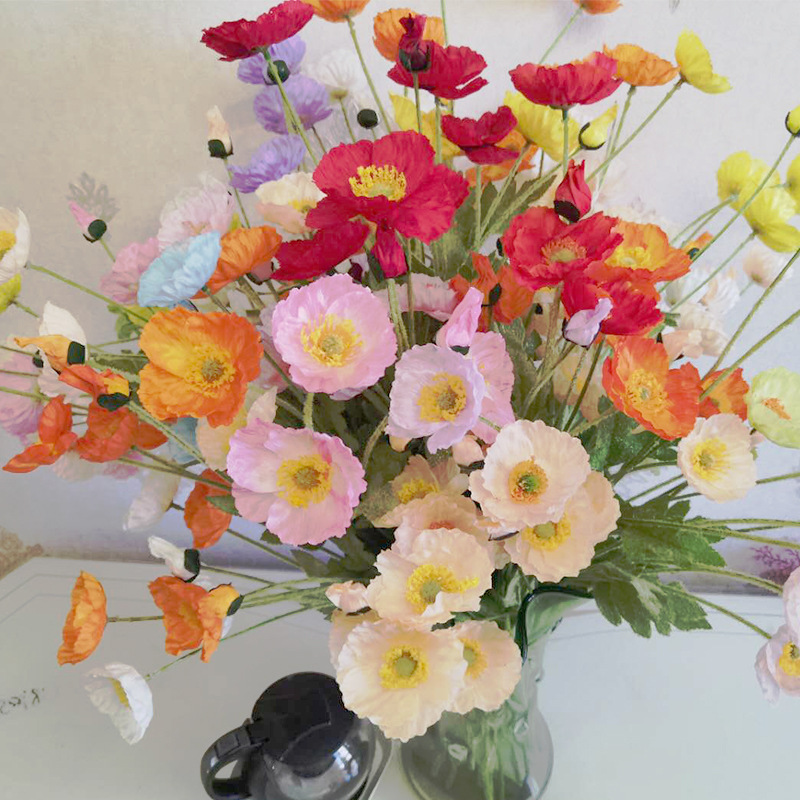 Spot Flocking Yu Meiren 4 Heads Silk Flower and Emulational Flower Poppy Flower Hotel Wedding flower