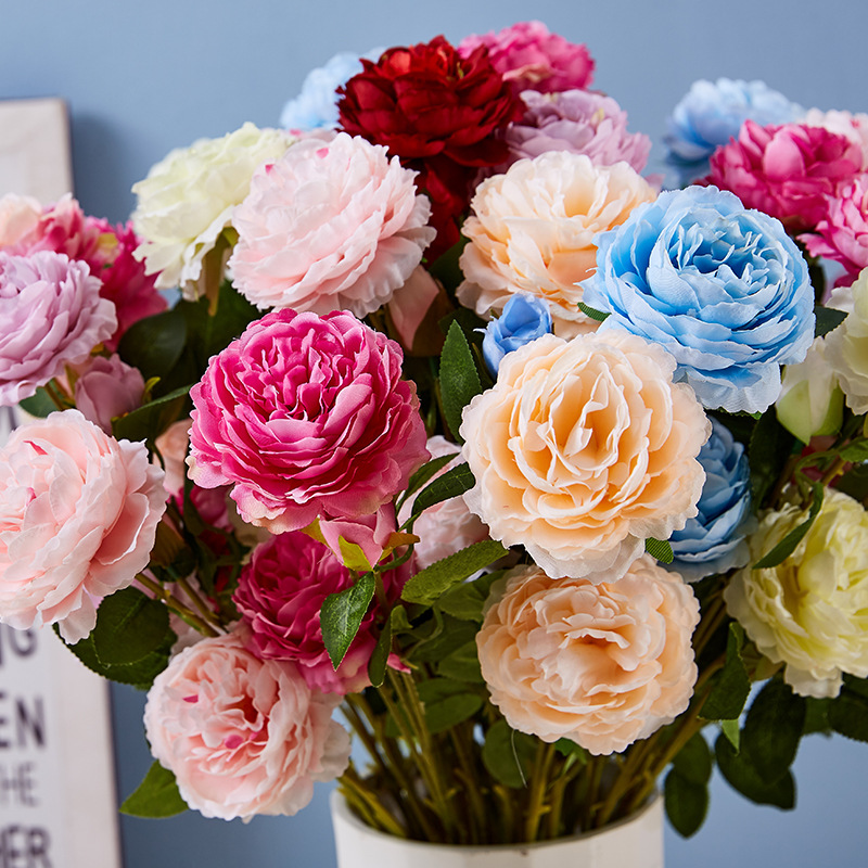 Western Rose European-Style Core Fake Bouquet Wedding Simulation Flower Home Flower Artificial Silk Flower Three 3 Heads Ranunculus Asiaticus