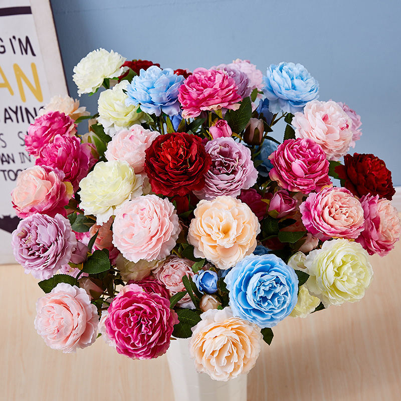 Western Rose European-Style Core Fake Bouquet Wedding Simulation Flower Home Flower Artificial Silk Flower Three 3 Heads Ranunculus Asiaticus