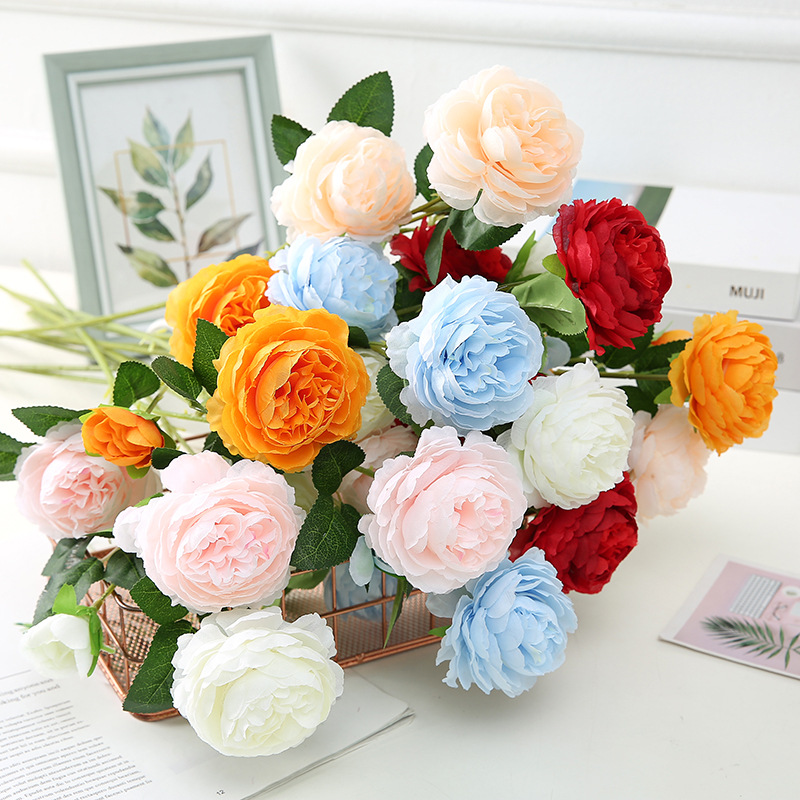 Simulation European 3 Heads Ranunculus Asiaticus Wedding Home Decoration Fake Flower and Plastic Flower Silk Flower Artificial Flowers Simulation Peony Flower