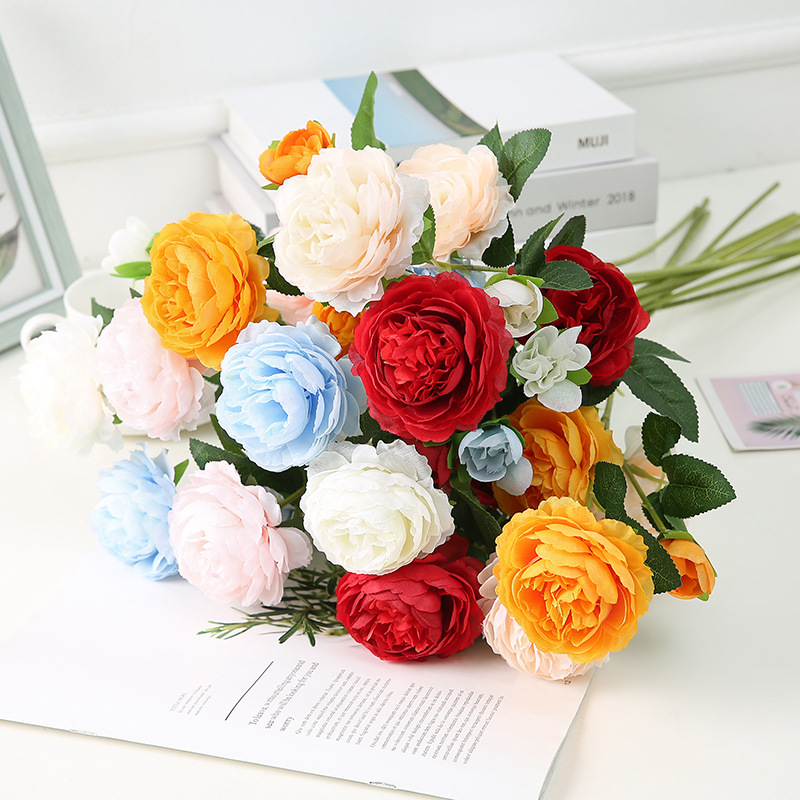 Simulation European 3 Heads Ranunculus Asiaticus Wedding Home Decoration Fake Flower and Plastic Flower Silk Flower Artificial Flowers Simulation Peony Flower