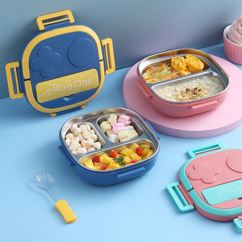 Outdoor Tableware 304 Portable Stainless Steel Lunch Box Dinner Plate Children Baby Robot Shape Lunch Box Tape Portable