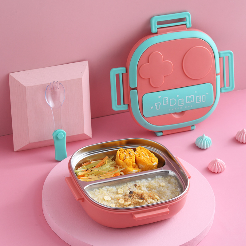 Outdoor Tableware 304 Portable Stainless Steel Lunch Box Dinner Plate Children Baby Robot Shape Lunch Box Tape Portable