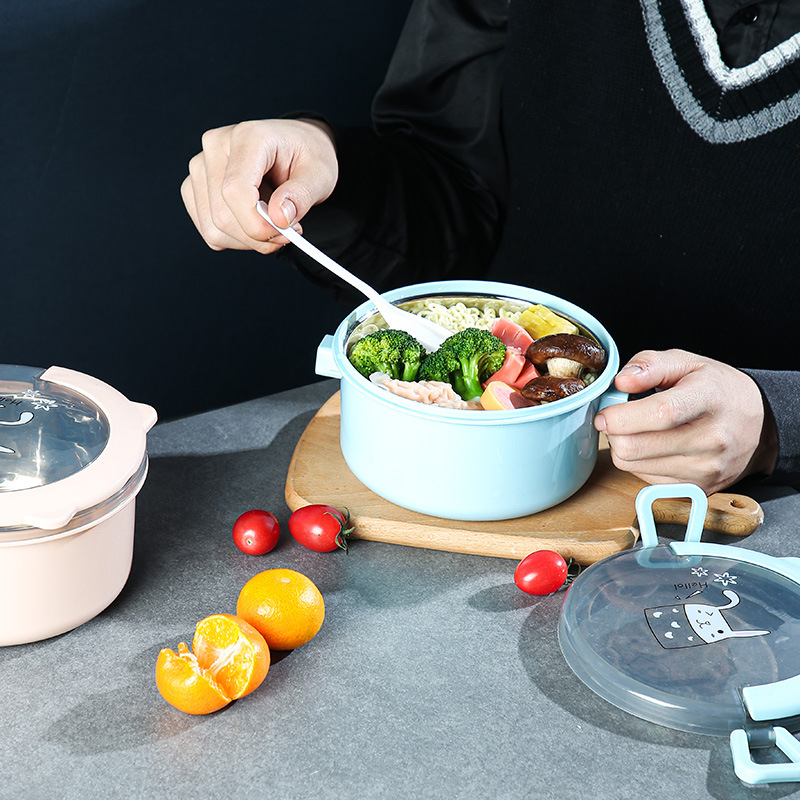 Student Stainless Steel Double Layer round Insulation Lunch Box Tape Handle Convenient Instant Noodle Box Work Anti-Scald Bento Box