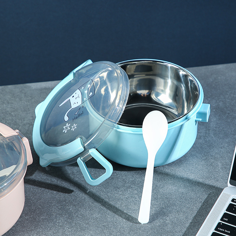 Student Stainless Steel Double Layer round Insulation Lunch Box Tape Handle Convenient Instant Noodle Box Work Anti-Scald Bento Box