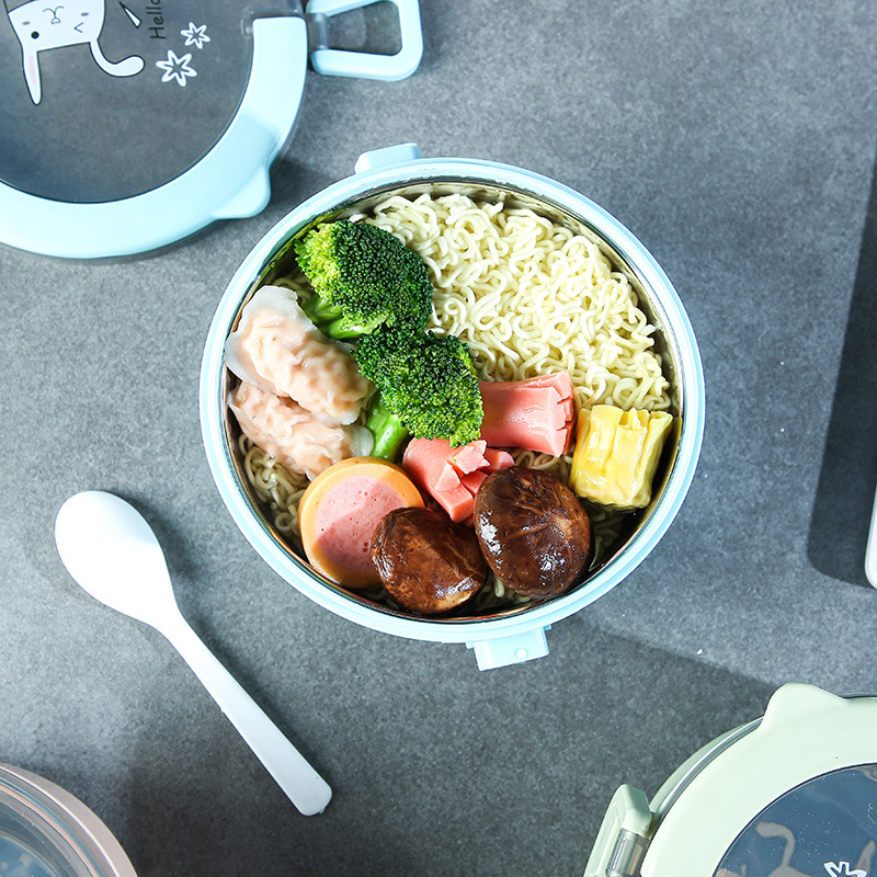 Student Stainless Steel Double Layer round Insulation Lunch Box Tape Handle Convenient Instant Noodle Box Work Anti-Scald Bento Box