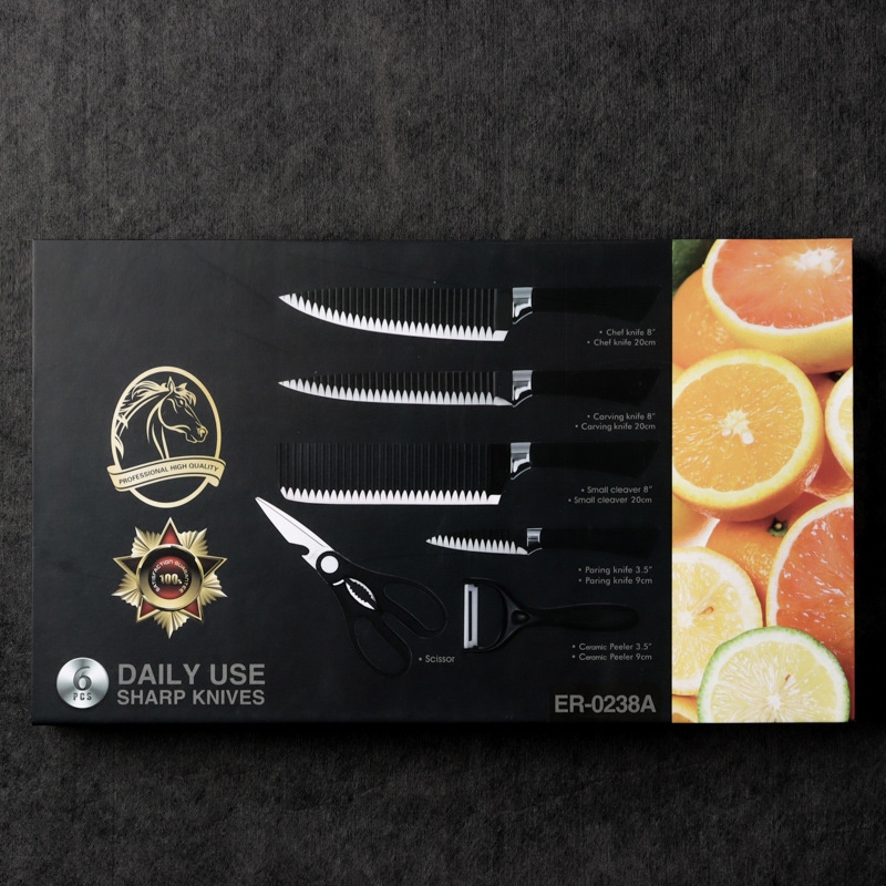 Spot Kitchen Meat Cutting Knife Set 6-Piece Set Stainless Steel Knife Black Wave Grain Non-Stick Gift Set Knife
