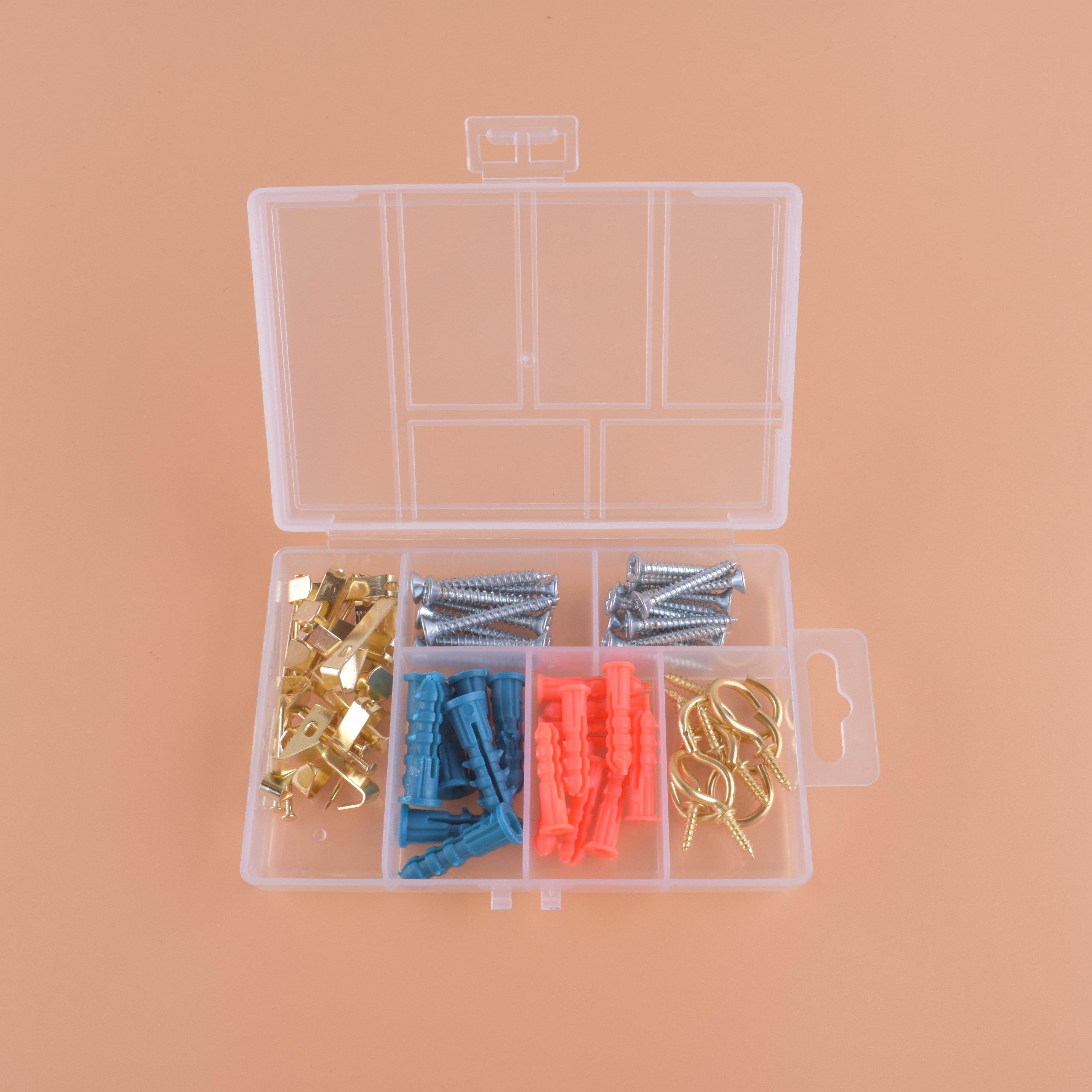Plastic expansion pipe 68pc common hook plated copper cup hook with self-aligning screw nail.
