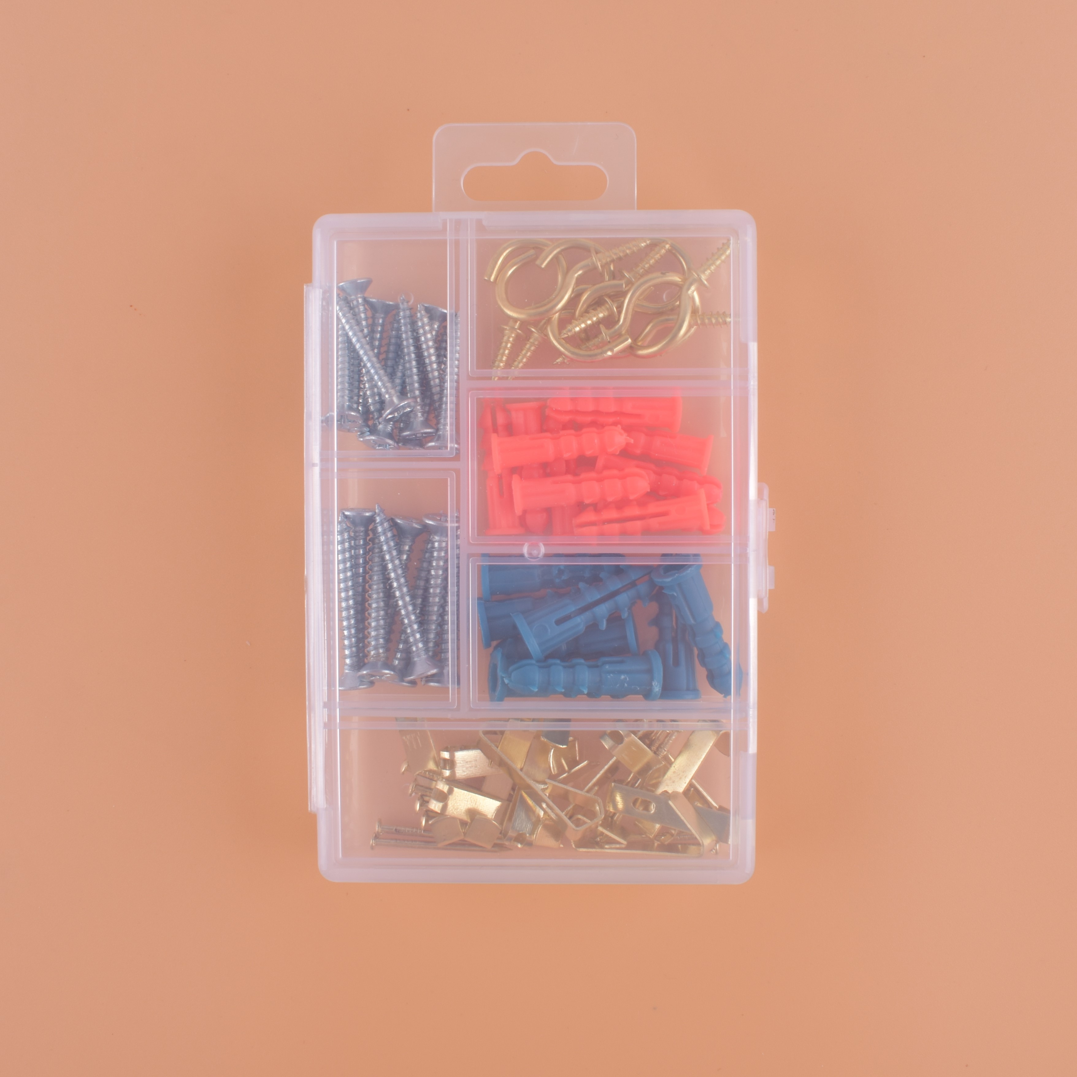 Plastic expansion pipe 68pc common hook plated copper cup hook with self-aligning screw nail.