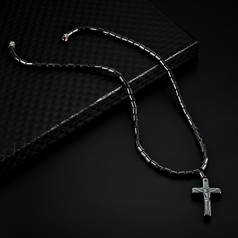Magnetic Black Magnet Ornament Black Stone Cross Pendant Necklace Yiwu Factory Direct Sales Cross-Border Supply