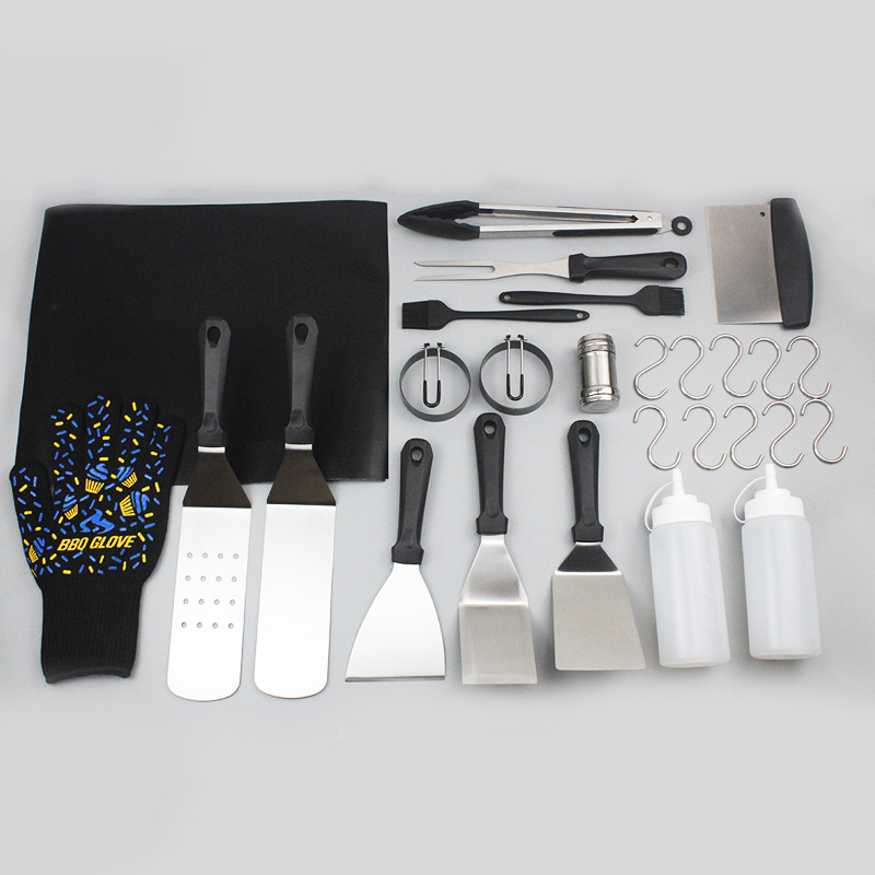 Outdoor Stainless Steel Barbecue Tools Knife and Fork Iron Plate BBQ Shovel Tool BBQ Grill Set Combination 15-Piece Set