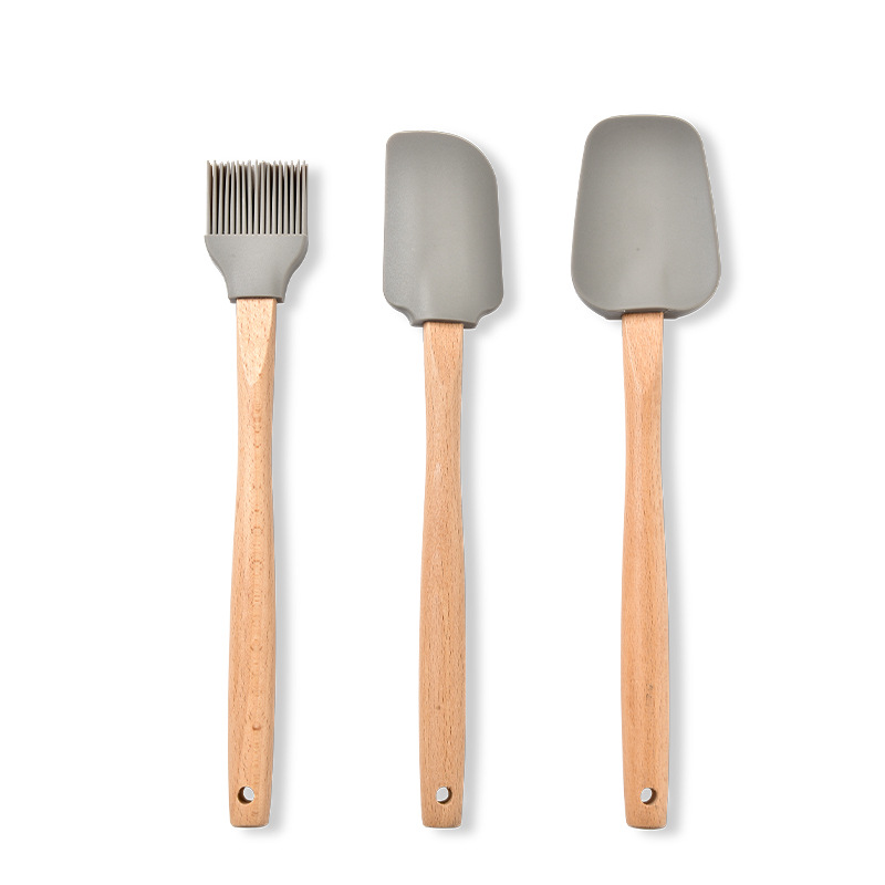 Khaki Wooden Handle Scraper Oil Brush Three-Piece Suit Wooden Handle Silicone Baking Tool Cake Butter Knife