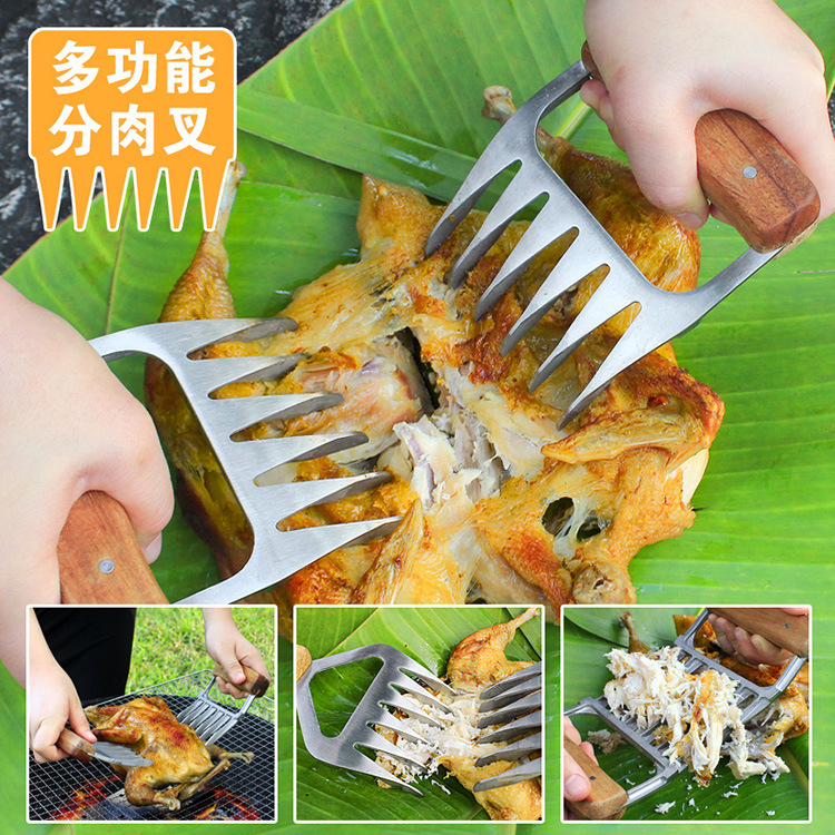 304 Stainless Steel Solid Wood Handle Bear Claw Cooked Food Meat Dividing Machine Razor Barbecue Knife and Fork Tool