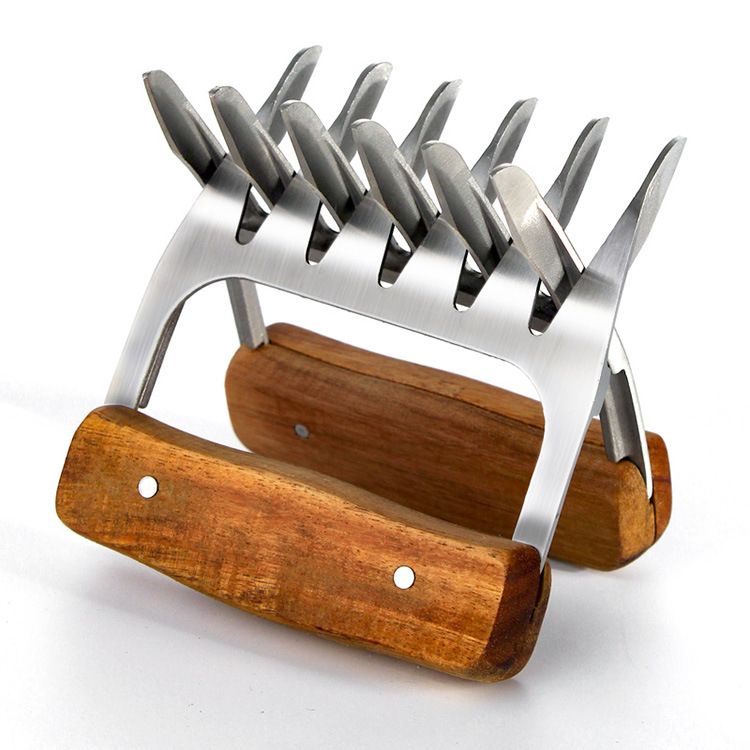 304 Stainless Steel Solid Wood Handle Bear Claw Cooked Food Meat Dividing Machine Razor Barbecue Knife and Fork Tool