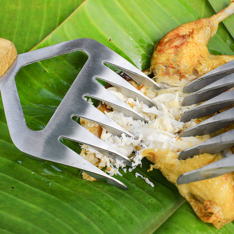 304 Stainless Steel Solid Wood Handle Bear Claw Cooked Food Meat Dividing Machine Razor Barbecue Knife and Fork Tool