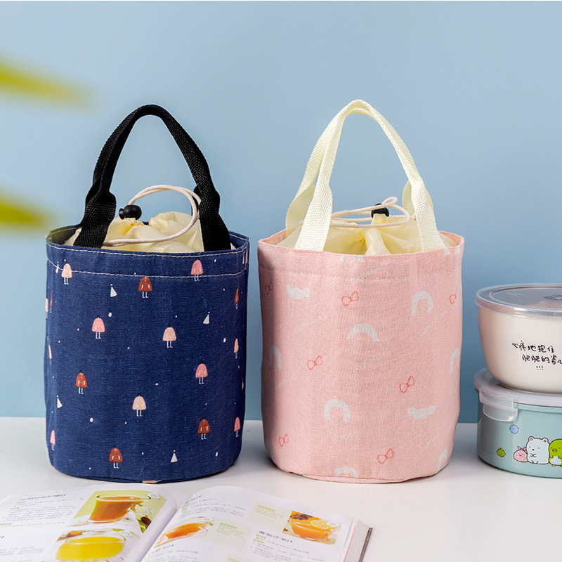 Linen Series Cylinder Insulated Bag Portable Drawstring Large Capacity Thick Aluminum Foil Fresh Bento Lunch Box Bag